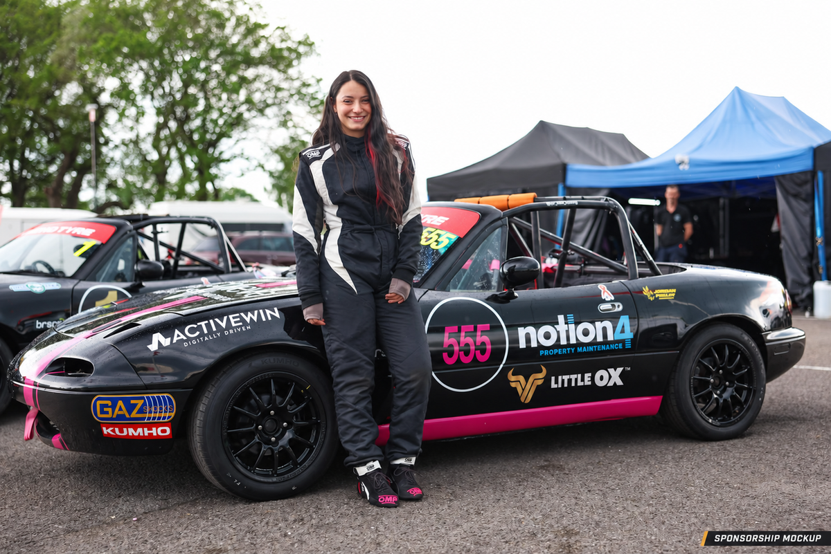 Sponsorship mockup of Lyr Jacobs beside her number 555 car with Little Ox branding