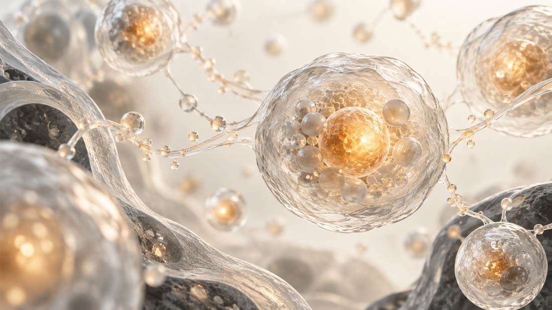 Conceptual illustration of translucent cells with warm amber centres, representing research into NMN and NAD+