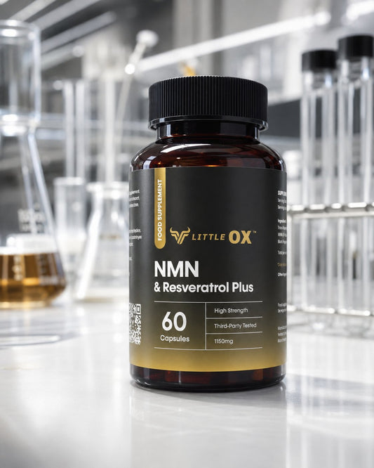 Little Ox NMN & Resveratrol Plus — 1150mg high-strength NMN supplement, third-party tested, 60 capsules