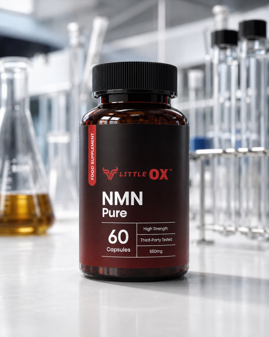 Little Ox NMN Pure — 550mg high-strength NMN supplement, single-ingredient β-NMN, third-party tested, 60 capsules